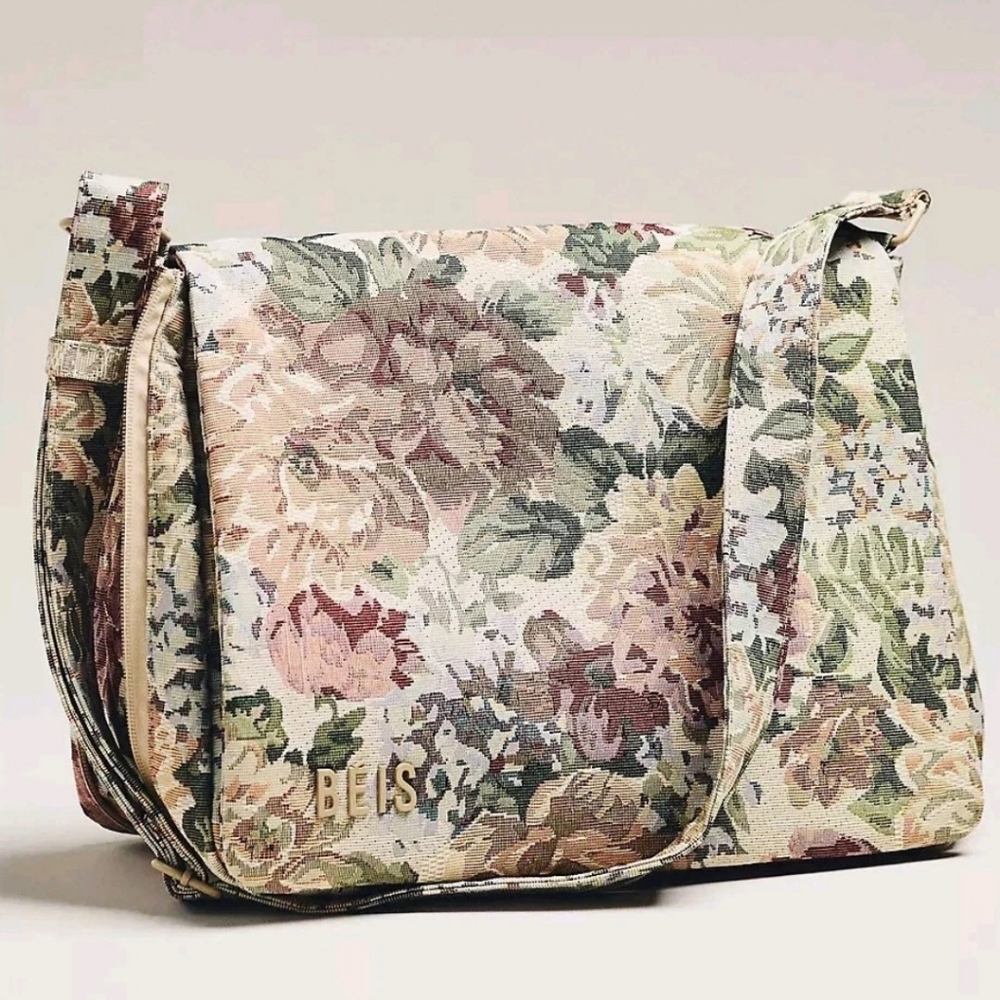 BÉIS The Messenger Expandable Tote Bag in Vintage Floral, NEW